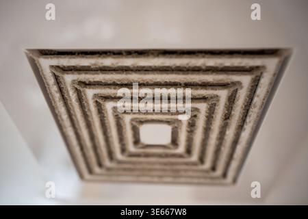 Dirty dust-filled hood in hotel or apartment bathroom, poor ventilation and air conditioning system. Stock Photo