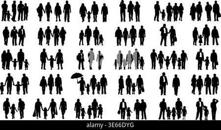 Collection of diverse vector graphic human figures and families depicted as black silhouettes against a clean white background. Stock Vector