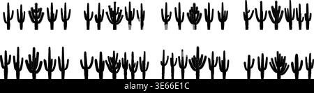 Various black cactus silhouettes form a diverse vector graphic illustration collection, perfect for desert-themed designs or botanical projects. Stock Vector