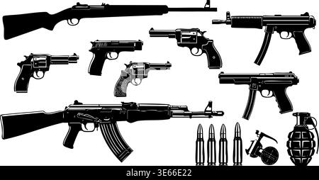 Tactical weapons, including rifles, pistols, revolvers, and ammunition, are displayed as flat black vector silhouettes. Stock Vector