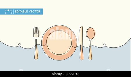 Minimalist vector illustration depicts a plate with a fork, knife, and spoon drawn using one continuous black line on a soft background. Stock Vector