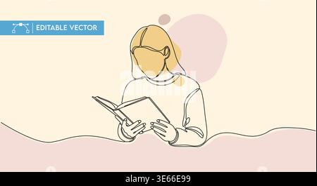A woman reading a book is depicted in a simple minimalist continuous line vector illustration style to represent education. Stock Vector