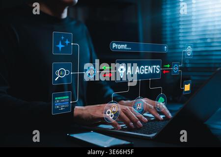 AI Agents and Prompt Automation Concept. Person using laptop with virtual prompt, workflow, coding, and AI icons. autonomous agent, task automation, Stock Photo