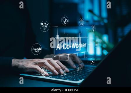 AI Co-Worker Concept. A person using laptop with virtual AI, chatbot, intelligent workflow, and automation icons. human-AI collaboration, smart Stock Photo
