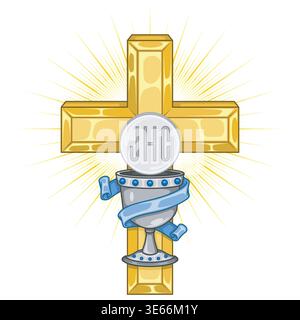 Full color illustration of a sacred chalice with the host and a metal Christian cross behind. Religious art ideal for communion celebrations, Eucharis Stock Vector