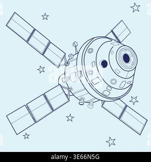 Satellite in orbit outline illustration, space technology vector Stock Vector