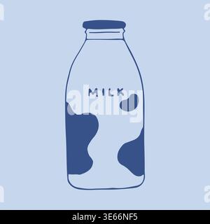 Hand drawn vector of a traditional glass milk bottle with a metal screw cap and large spotted patterns. Simple line art illustration with handwritten Stock Vector