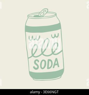 Hand drawn vector of a soda aluminum can with an open pull tab and a cursive logo design. Minimalist line art illustration of a cold carbonated Stock Vector