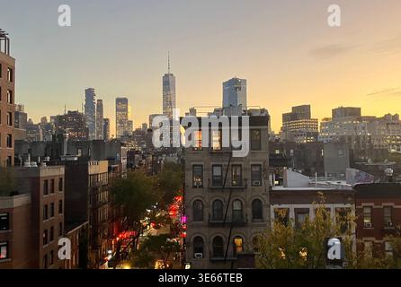 NEW YORK, NEW YORK: View from New York University campus of building skyline in downtown at sunet in New York City. (Photo by Sean Drakes/17�Թ�����) Stock Photo