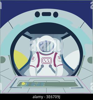 Astronaut inside spacecraft, futuristic space exploration illustration. Stock Vector