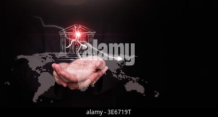 Businessman hands holding cracked bank icon and downward arrow over world map. Global financial collapse, digital economy downturn, economic crisis, i Stock Photo