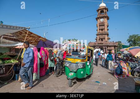 The busy Sardar Market is located around the Clock Tower in Jodhpur, Rajasthan, India Stock Photo