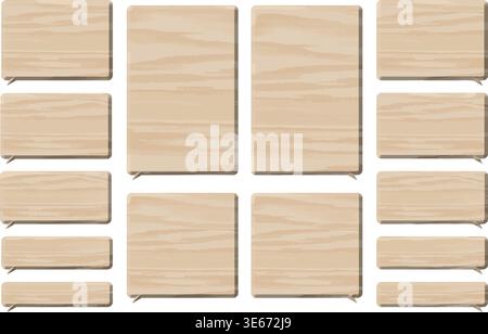 A set of three-dimensional wooden square frames in various sizes, designed in a chat UI style. Natural texture with a clean, minimal look, ideal for m Stock Vector