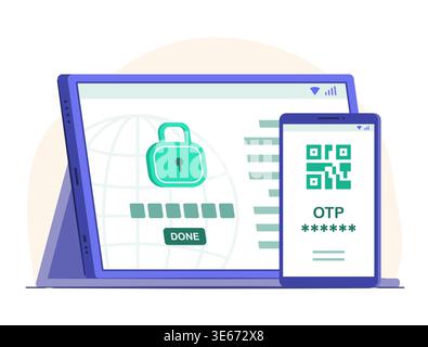 Security Lock on Tablet and Smartphone with OTP QR Code Password Confirmation to Protect Online Privacy Data for Cyber Security Technology Concept Stock Vector