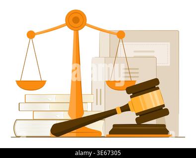 Gavel with Sounding Block and Scales of Justice with Books for Judgement and Law Concept Illustration Clip Art Stock Vector
