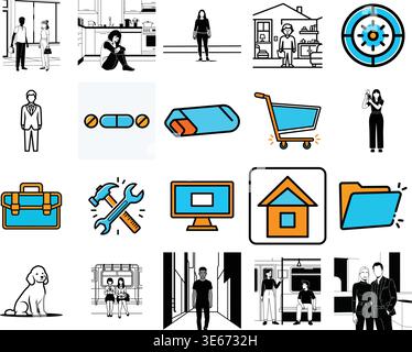 Versatile Bundle of Lifestyle Illustrations, Human Characters, and Decorative Minimalist Icons Professional Character, Household, Interior Design, Stock Vector