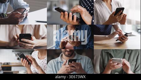 Different aged people typing on smartphones, using modern AI technologies Stock Photo