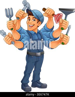 Handyman Cartoon Handy Man Caretaker Multitasking Stock Vector