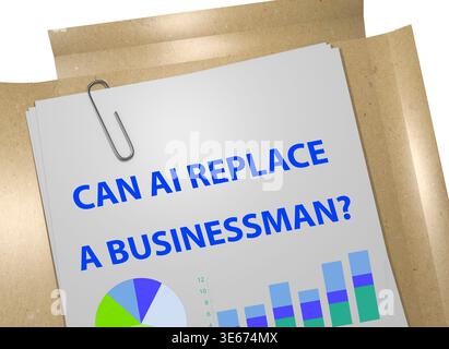 3D illustration of "Can AI Replace A Businessman?" title on business document. Business concept. Stock Photo