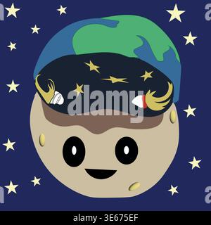 Cute Space Teddy Pattern for Kids with Earth, Planets and Stars on Blue Background. Stock Vector