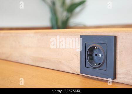 Power outlet on wooden surface near a plant Stock Photo