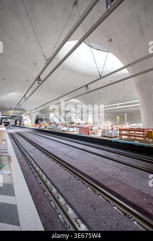 Stuttgart, Germany - November 16, 2025: New main railway train station Stuttgart 21 with light eyes construction site in Stuttgart, Germany. Stock Photo