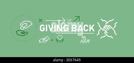 Giving back banner charity icons community support donation social responsibility helping hands symbols on green background corporate social Stock Vector