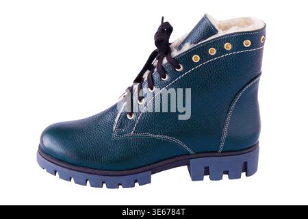 Green Leather Winter Boot isolated on white background. New shoe cut out Stock Photo