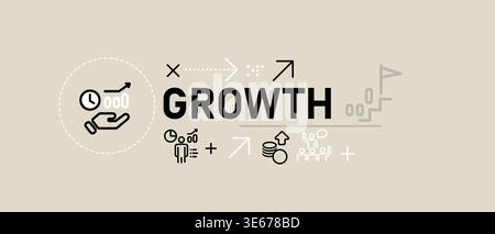 Business growth and financial success concept banner featuring icons of progress profit increase career development and long term goals Stock Vector