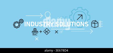 Industry solutions and manufacturing process banner with icons gears puzzle pieces technical problem solving production efficiency smart industrial Stock Vector
