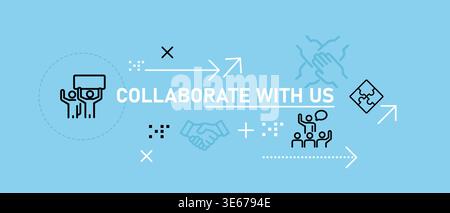 Collaborate with us call to action banner featuring line icons of people puzzle pieces and handshakes invitation for partners to join the project or Stock Vector