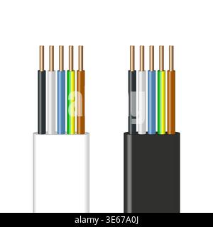Vector illustration of multi-core electrical cables with colored insulated wires and copper conductors, shown in black and white outer jackets. Stock Vector