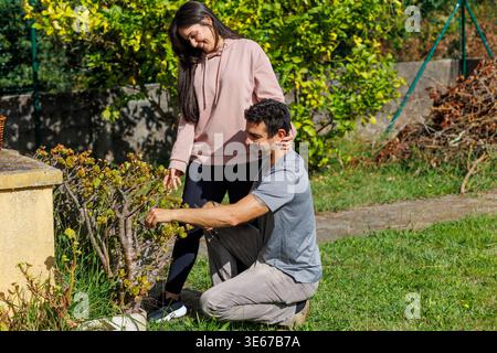 Happy couple tending their home garden together, man pruning a small plant while woman smiles nearby, enjoying sunny backyard time and shared gardenin Stock Photo