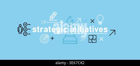 Strategic initiatives header with icons of chess bishop and light bulb representing creative planning and business direction roadmap and Stock Vector