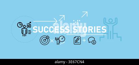 Success stories and case study banner icons of victory target hits on light blue background business portfolio highlights showcasing proven results Stock Vector