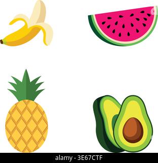 A colorful illustration set showcasing tropical fruits including a banana, watermelon slice, pineapple, and avocado. Stock Vector