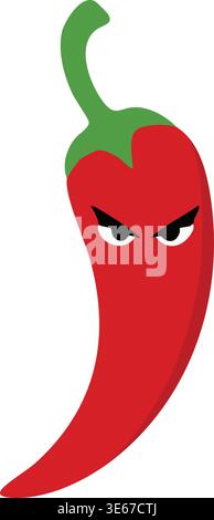 Playful illustration of a red chili pepper with a curved green stem and an angry expressive face. Stock Vector
