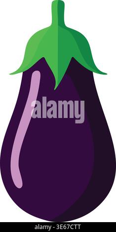 Flat illustration of a glossy purple eggplant with a rounded body and green calyx at the top. Stock Vector