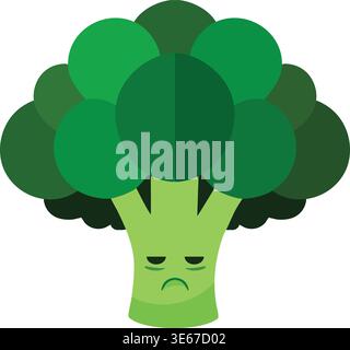Playful illustration of a broccoli head with a green crown and a sad cartoon expression on the stem. Stock Vector