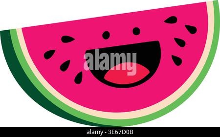 Playful illustration of a bright watermelon slice with black seeds and a cheerful smiling face. Stock Vector