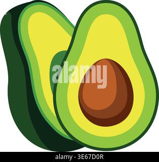 Flat illustration of two avocado halves with light green flesh and one large brown pit in the center. Stock Vector