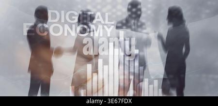 Digital economy concept with futuristic technology interface and data flow visualization. Stock Photo