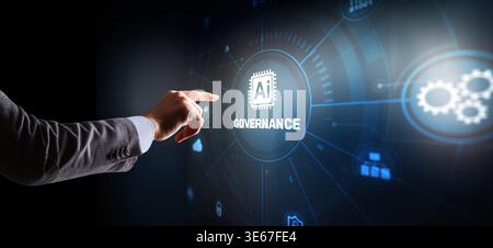 A businessman interacts with a glowing AI icon on a futuristic digital interface dashboard. Stock Photo