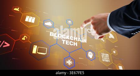 Advanced blockchain technology with decentralized network and secure digital transaction system. Stock Photo