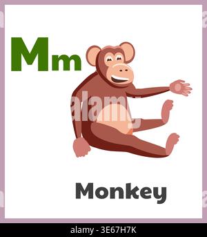 Monkey letter M english alphabet card children Stock Vector