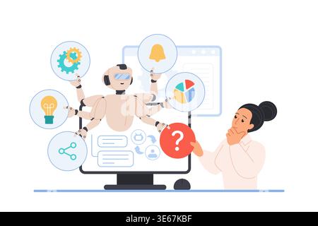 AI robot assistant on computer screen helping thoughtful woman manage notifications, analytics, ideas and workflow automation, answering question mark icon, isolated vector illustration Stock Vector