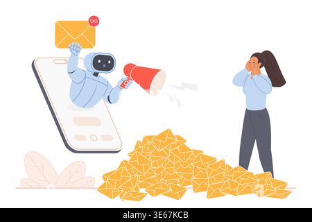 Cartoon robot assistant sending endless promotional emails from smartphone, overwhelming shocked woman with huge spam pile, concept of AI marketing automation abuse, vector illustration Stock Vector