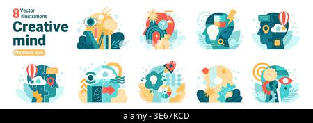 Abstract creative human head set with light bulbs, puzzles, gears, clouds and question marks showing imagination, innovation, learning, problem solving and ideas isolated on white vector illustration Stock Vector