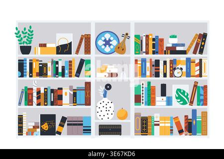 Home book shelves filled with colorful books, plants, vases, decor items and accessories for reading, studying and interior design, isolated on white background vector illustration Stock Vector