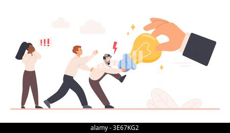 Concept of business competition, idea theft and copyright risk with shocked colleagues and giant hand grabbing light bulb, creative intellectual property conflict isolated on white vector illustration Stock Vector